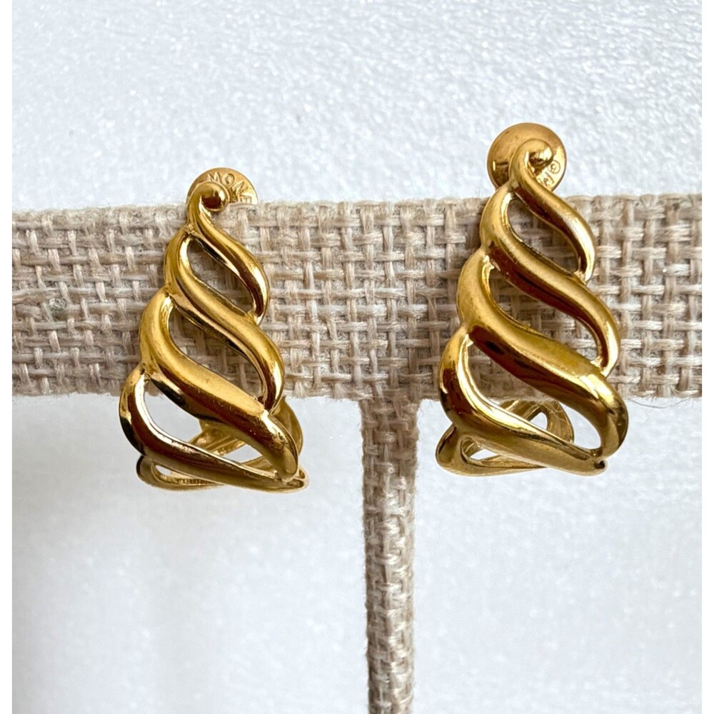 Vintage Monet Gold Tone Openwork Swirl Open Hoop Pierced Earrings